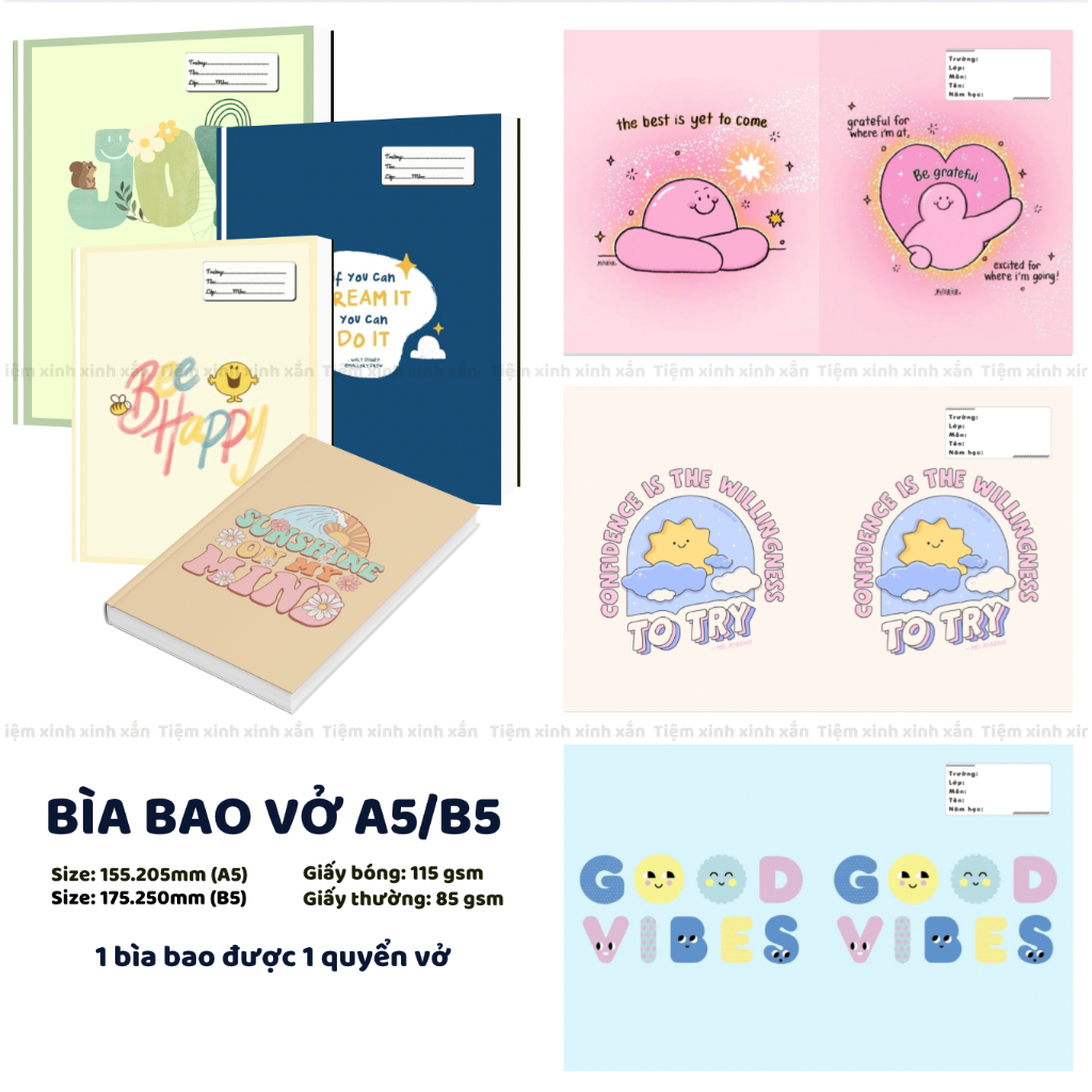 Giấy bao tập A5/B5 cùng hoạ tiết chữ và nhiều hình khác nhau , A5 (Vở học sinh), B5 (Vở sinh viên), 