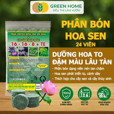 Phân Bón Hoa Sen GreenHome, Vỉ 24 Viên, Cây Thuỷ Sinh, Ngập Nước, Cho Hoa To, Hoa Đậm Màu, Lâu Tàn