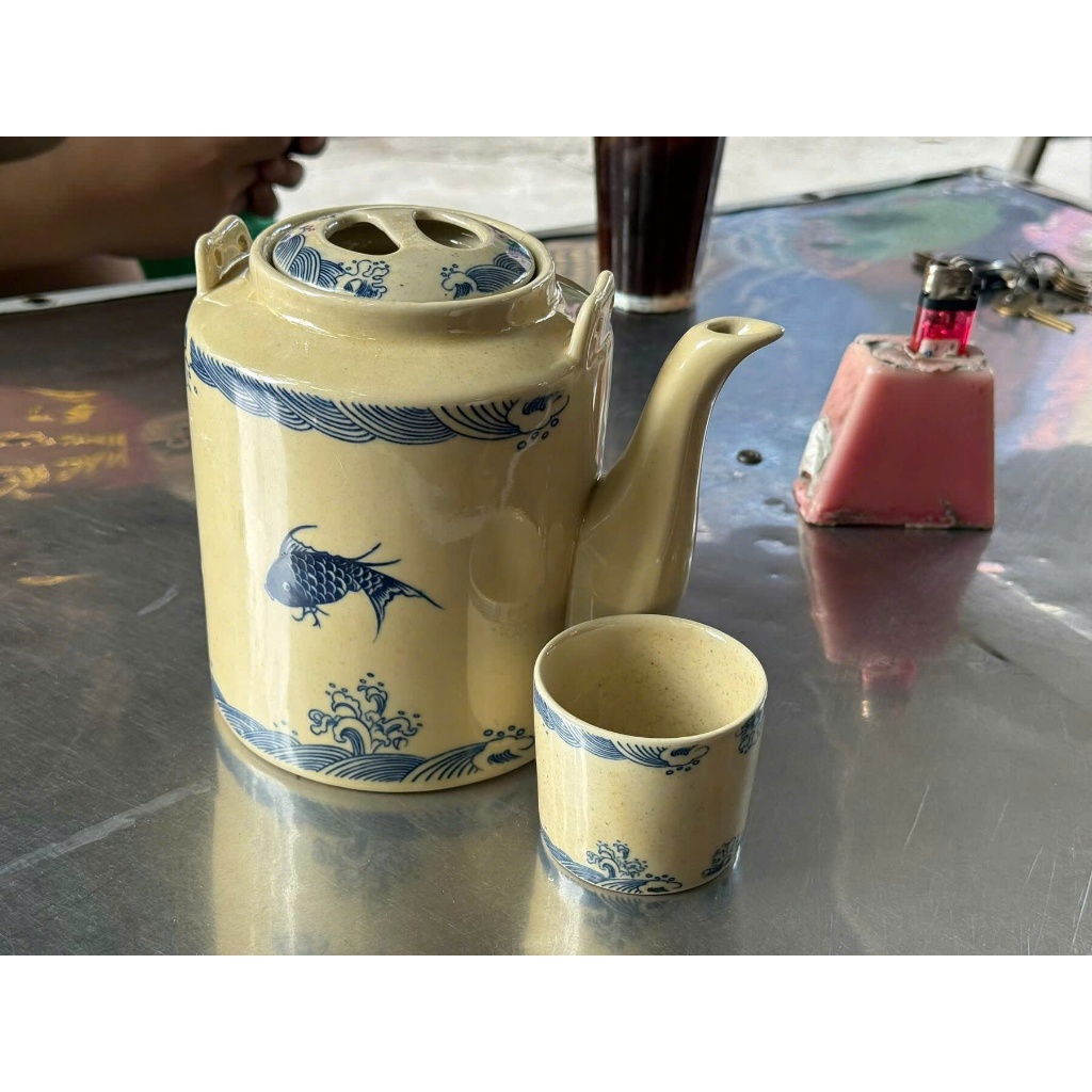Ấm tích gốm sứ Bát Tràng, ấm tích ủ chè xanh, ấm tích sứ, ấm tích hãm trà xanh men rong cổ hoạ tiết 