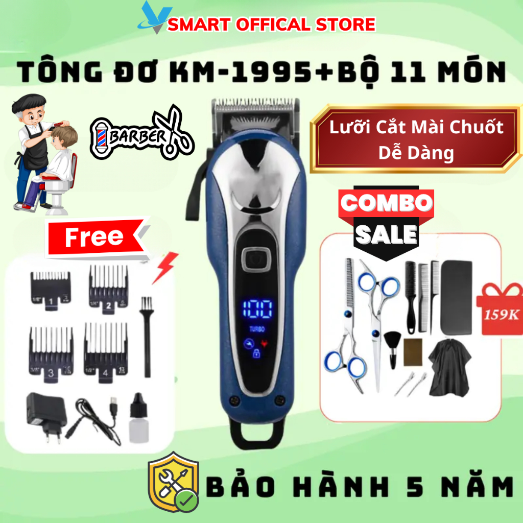 Tông đơ cắt tóc Kemei-1995, Tăng đơ cắt tóc gia đình trẻ em chuyên nghiệp như ngoài tiệm salon baber Pin sạc tiện lợi
