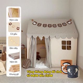 Lều cho bé, lều vải kaki khung gỗ hàng cao cấp cho bé trai bé gái (tặng thùng đựng đồ chơi)