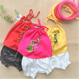 Set yếm lụa hoa thêu sang chảnh cho bé gái 3–17kg, kèm mấn, mặc hè mát - YDL1