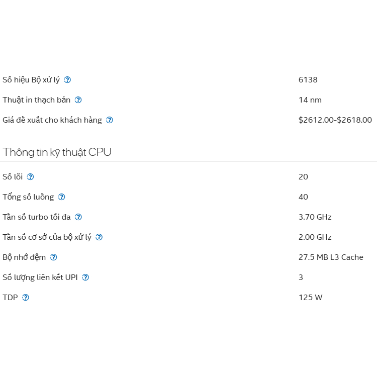 CPU INTEL XEON GOLD 6138 (2.0GHZ - 3.70GHZ), SOCKET FCLGA3647