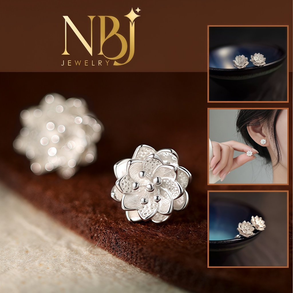 Khuyên tai bạc nữ NBJ JEWELRY S999 mặt hoa sen đang nở biểu tượng của sự thanh cao và an nhiên