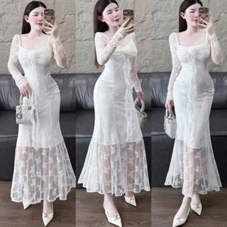  Đầm váy nữ đầm lưới thun dệt hoa 2 lớp cổ vuông tay dài dáng đuôi cá xòe hoa tua rua siêu tôn dáng cho nàng dự tiệc 