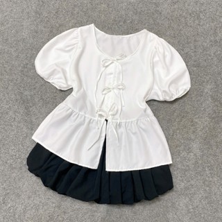 Set Đồ Bigsize Nữ Áo Babydoll Tay Ngắn Phồng Nhẹ Xinh Xắn Kate Mềm Mịn Kèm Chân Váy Bí - A191+CV413