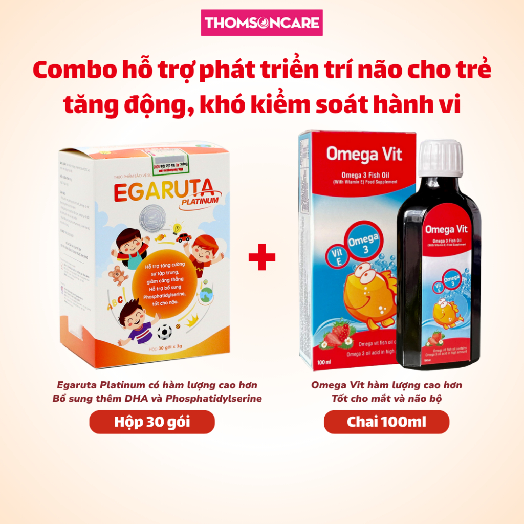 Combo cho trẻ tăng động, giảm chú ý - Cốm Egaruta Platinum 30 gói và Siro Omega Vit 100ml hàm lượng 
