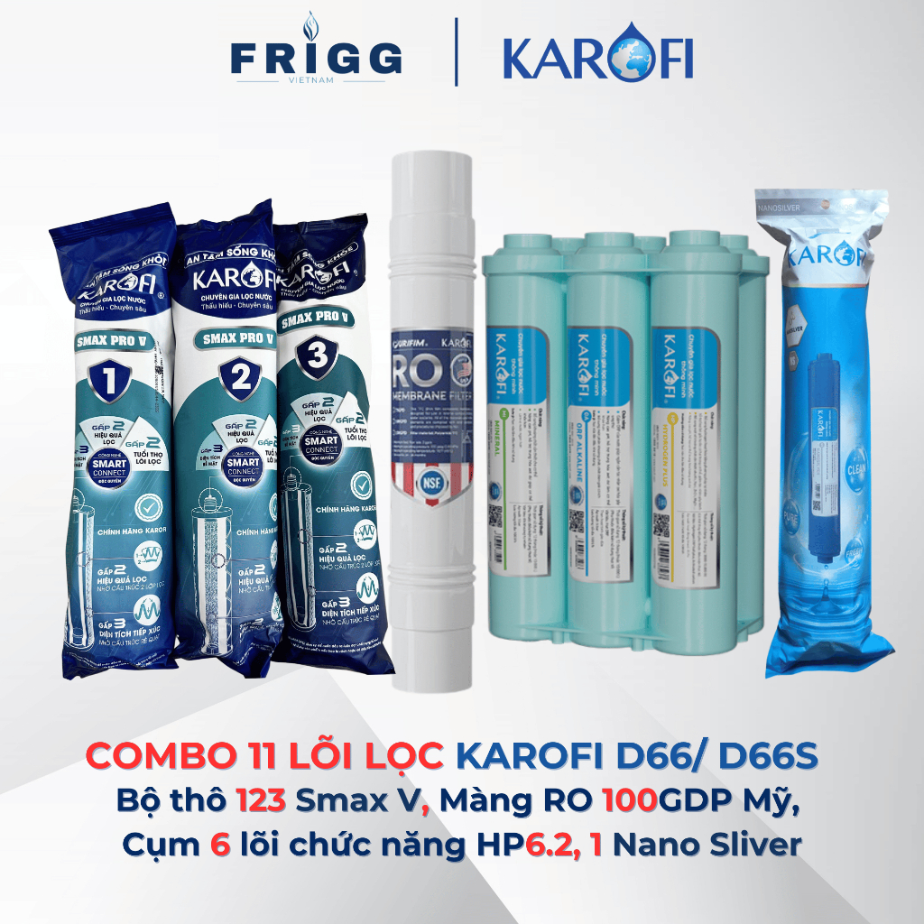 Bộ 11 lõi lọc nước Karofi cho máy nóng lạnh KAD-D66/D66S/D66M/X58 - Hàng chính hãng