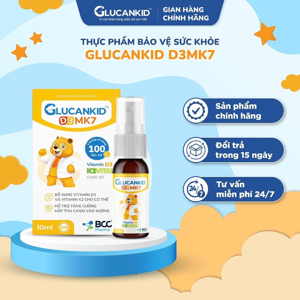 TPBVSK Glucankid D3MK7 dạng xịt, hỗ trợ bổ sung Vitamin D3 K2, tăng cường hấp thu canxi cho bé từ 3 