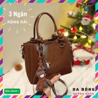  Túi xách tay đeo chéo bằng da PU trơn bóng cao cấp 3 ngăn rộng rãi tặng kèm charm gấu teddy 