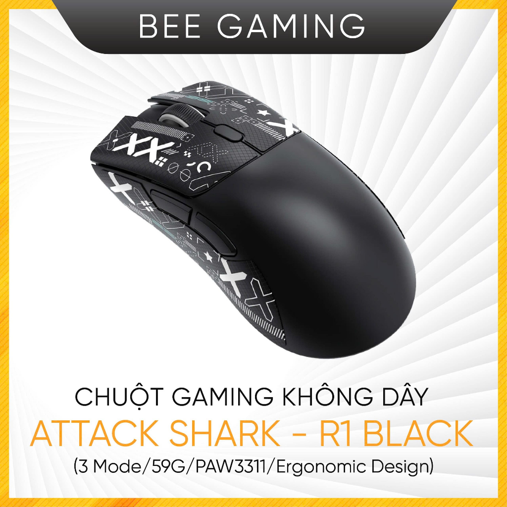 Chuột gaming không dây Attack Shark – R1 Black (3 Modes / 59G / PAW3311 / Ergonomic Design)