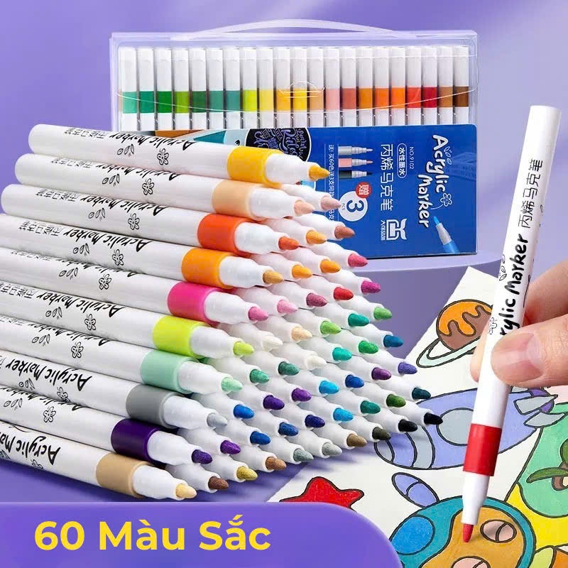 Hộp 60 Bút Màu Acrylic Marker Cao Cấp Chống Nước Màu Sắc Tươi Sánq - Bút Lông Màu Vẽ Được Trên Mọi C