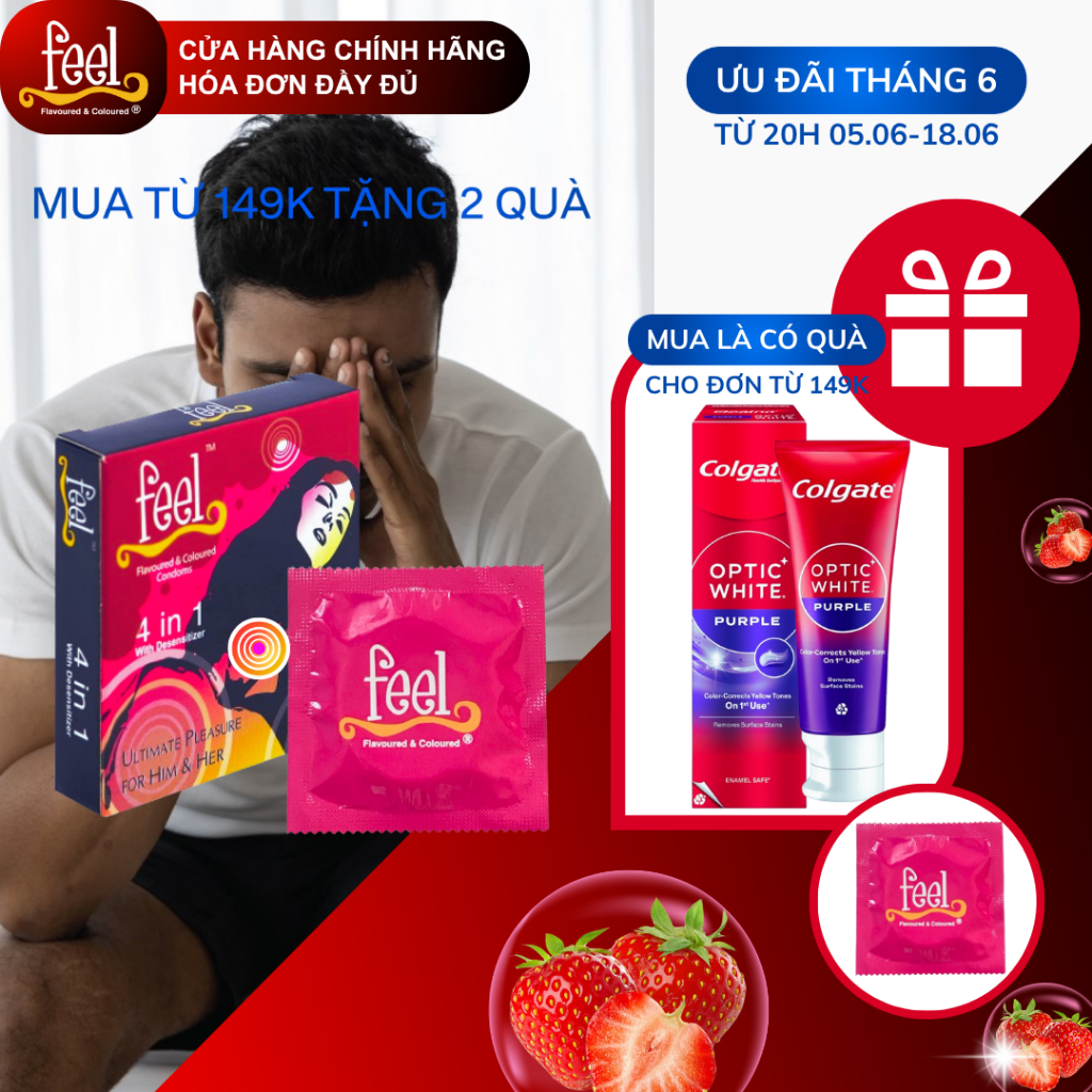 Bao cao su Feel 4 in 1 hộp 3 bao | Bao cao su kéo dài quan hệ | Bao cao su có gai và gân
