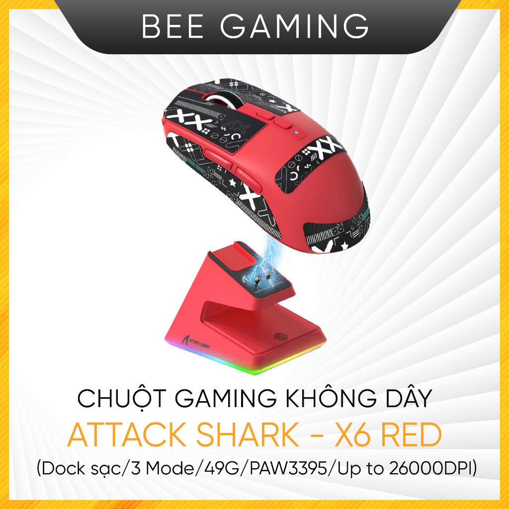 Chuột gaming không dây Attack Shark – X6 Red (Dock Sạc / 3 Modes / 49G / PAW3395 / Up to 26.000 DPI)