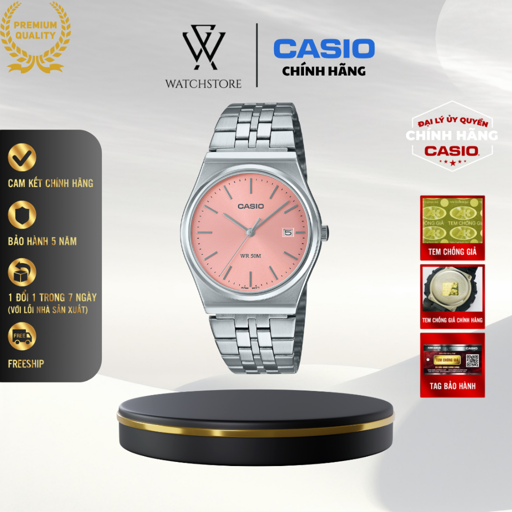 Đồng Hồ Casio Nam Nữ MTP-B145D-4AVDF Màu Hồng Dây Kim Loại Không Gỉ Mặt Kính Khoáng 35mm Chống Nước 