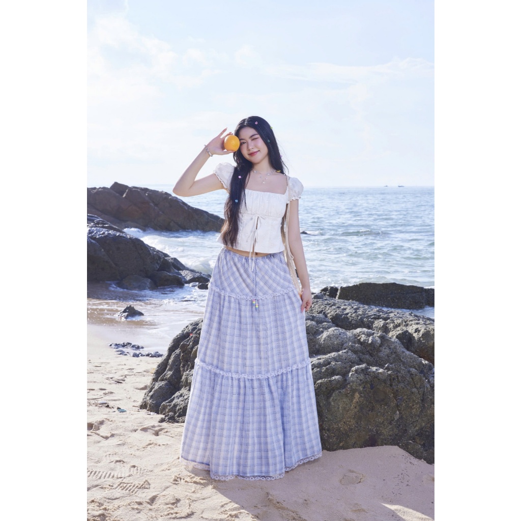 Chân Váy Nữ Kẻ Caro Xanh Dương 3 Tầng Phối Ren Dáng Dài Siêu Xinh Mùa Hè | OLIVIA SKIRT | SECODEE