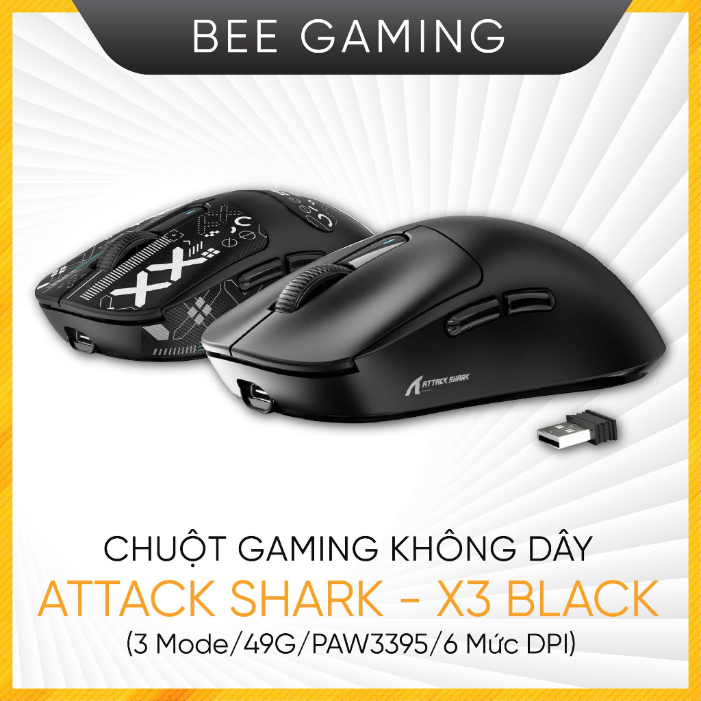 Chuột gaming không dây Attack Shark – X3 Black (3 Modes / 49G / PAW3395 / 6 Mức DPI)