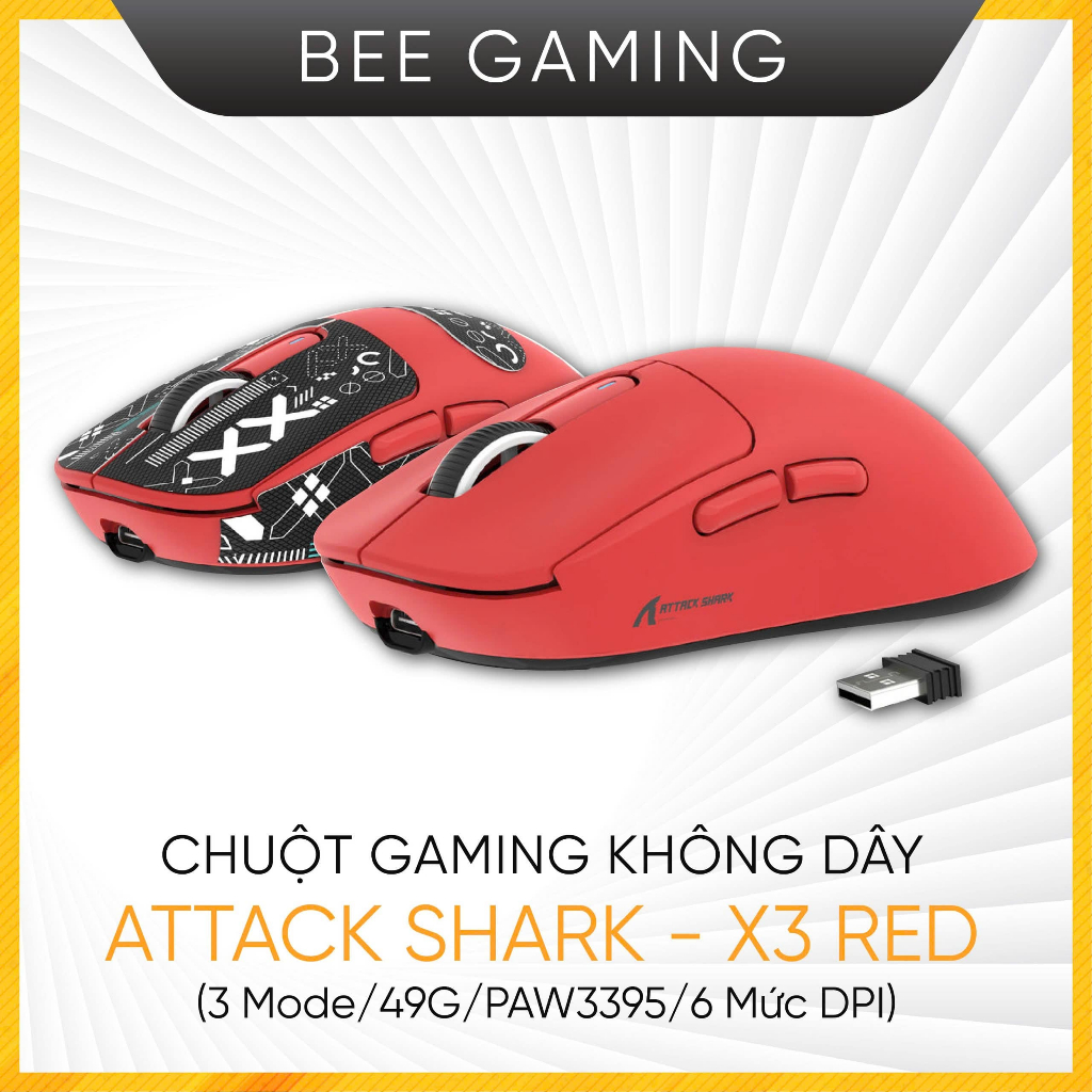 Chuột gaming không dây Attack Shark – X3 Red (3 Modes / 49G / PAW3395 / 6 Mức DPI)