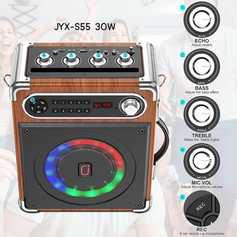 Loa Bluetooth JYX-S55 công suất 30W, hiệu ứng đèn LED, kèm 2 micro karaoke Không dây