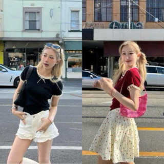 Áo thun baby tee đỏ tết viền ren chất thun gân đỏ đen xinh VANISA CT115