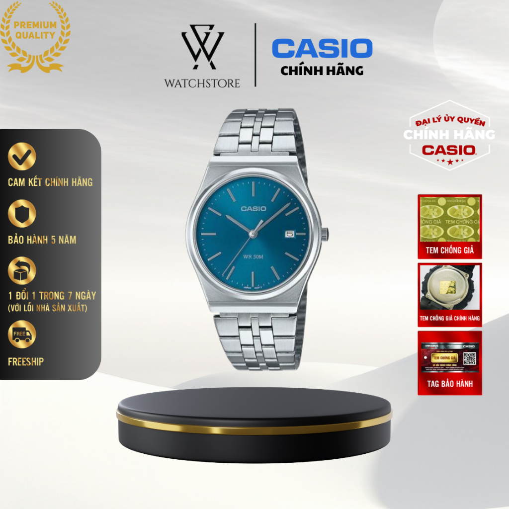 Đồng Hồ Casio Nam MTP-B145D-2A2VDF Màu Xanh Biển Dây Kim Loại Không Gỉ Mặt Kính Khoáng 35mm Chống Nư