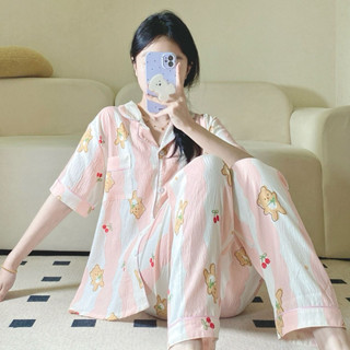 [ĐŨI MỀM] Bộ đồ pyjama cộc tay quần dài mặc ở nhà in hoạt hình xinh xắn cho nữ