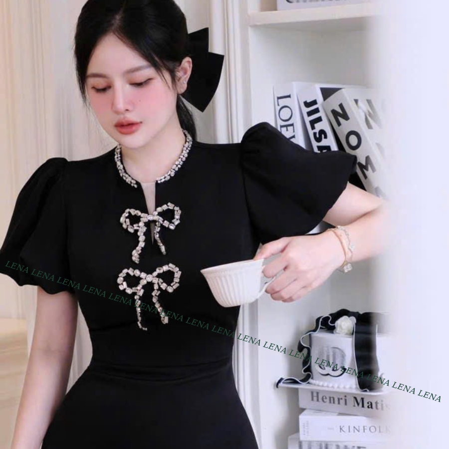 (Có BIGSIZE) Đầm dự tiệc phong cách Hàn Quốc - Váy nữ tiểu thư sang chảnh cutout phơ nơ đá LENA 3125 | BigBuy360 - bigbuy360.vn