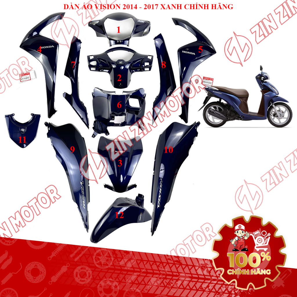 Dàn Áo Vision 2014 2015 2016 2017 Xanh 53210-K44-V20ZE, 81131-K44-V00ZD, 83520-K44-V00ZD, 83505-K44-
