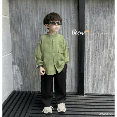 Áo sơ mi cổ tàu Beemo dài tay phối túi, chất liệu đũi hàn cho bé trai mặc đi học, đi chơi 4245ADB