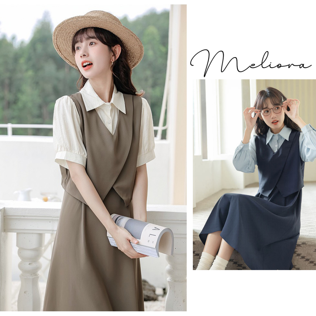 Đầm cổ sơ mi dáng dài tay liền thân tà áo cách điệu đắp vạt chéo khí chất xinh xắn