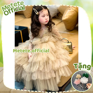   HỎA TỐC + TẶNG BỜM  Váy đầm công chúa thiết kế cho bé gái kim sa nâu dài tay layer nhiều tầng dáng dài 