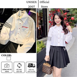 Áo Sơ Mi Thom Nữ Dài Tay Màu Trắng 4 Sọc Đen, Vải Cotton Lụa Cao Cấp Hót Trend 2024