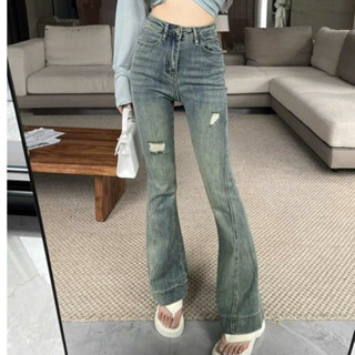 Quần Jeans Nữ Ống Loe , Quần Bò Nữ Óng Loe Lưng Cao Hack Dáng Rách Nhẹ Tạo Điểm Nhấn Tô Điểm TL24