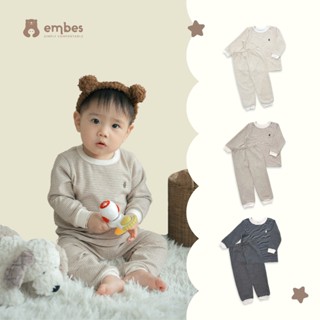 Bộ Quần Áo Thu Đông Dài Tay Embes Cho Bé Trai Bé Gái Chất Cotton Mềm Mịn Phối Kẻ Size 8kg Đến 17kg