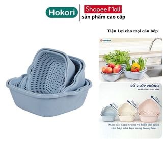 Bộ rổ vuông 2 lớp Việt Nhật, Rổ nhựa việt nhật, Bộ rổ kèm chậu hứng nước rửa rau củ