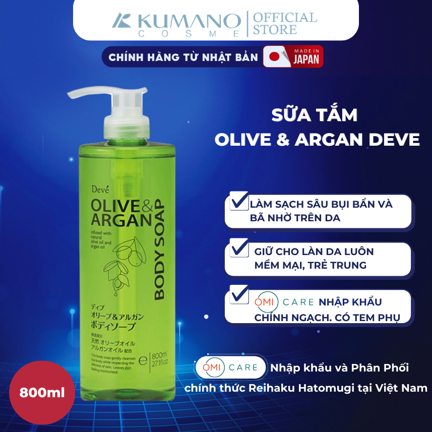 Sữa Tắm Chiết Xuất Dầu Olive & Argan Dưỡng Sáng, Làm Mềm Da Deve Body Soap (800ml) (Bao bì mới)