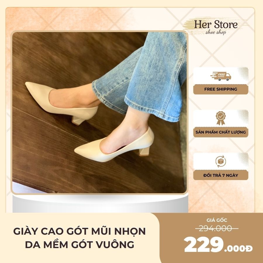 [size 35-42]Giày Cao Gót Công Sở Mũi Nhọn, Da Cao Cấp, Mềm Mại, Gót Vuông Có Lót Mút Êm Chân 3p, 5p, 7p