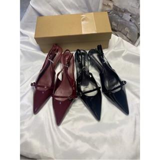 Giày cao gót Z mũi nhọn phối khoá đế cao 4cm hai màu da PU bóng dành cho nữ phong cách công sở Fullbox #3W051-1