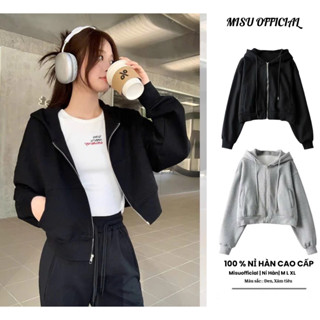 Áo Khoác Hoodie Nỉ Croptop Mũ Siêu To, Áo Hoodie Zip Lửng Dày Dặn Form Rộng, Dáng Ngắn Siêu Xinh