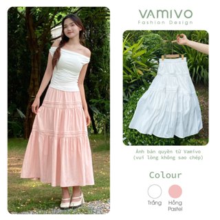  Chân váy midi trắng hồng CVTK03 Vamivo xoè tầng dáng dài VẢI CAO CẤP  Ko phải với vải rẻ thông thường  có lót hai lớp 