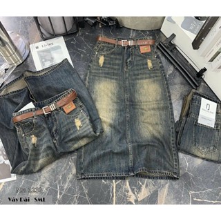   BIGSIZE 80KG  1233 Chân Váy Jean Nữ Dài Cạp Cao Xẻ Cau Túi Tạo Kiểu Rách Tag Nâu,chân váy bò dáng chữ a nữ phong cách 