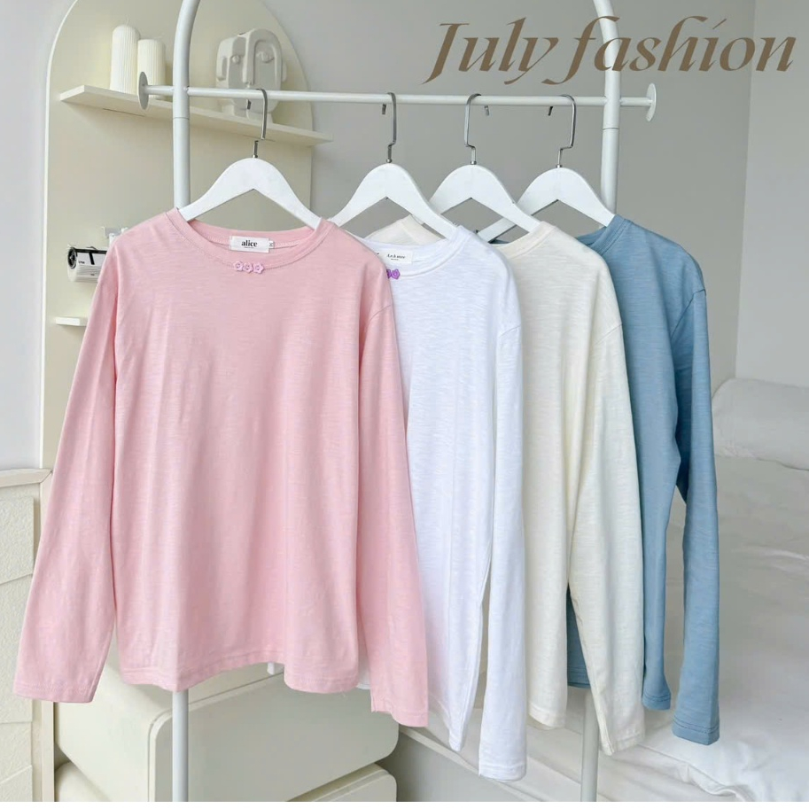 Áo thun Nữ tay dài cài nút hoa cúc JULY fashion, Áo thun dài tay Candy top thời trang trẻ trung,Chất thun xược dán rộng