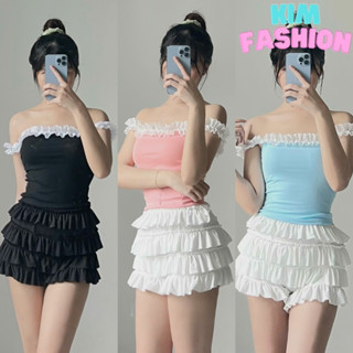 Áo thun croptop 2 dây viền ren thiết kế ôm body cực dễ thương Kim Fashion ,Áo thun nữ trễ vai phối viền bèo cực cá tính