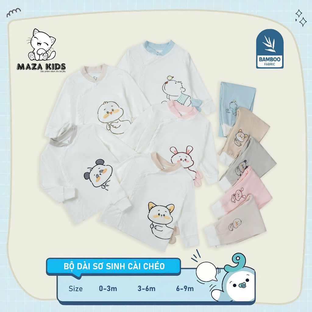  BD29. Bộ quần áo sơ sinh dài tay thun cotton dày dặn quần cạp cao cho bé từ 3-9kg 