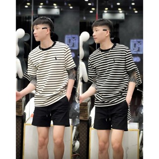 ÁO thun nam nữ cổ tròn kẻ sọc ngang 2 màu trắng đen thêu logo ngựa phong thun co giãn 4 chiều mẫu mới hottrend