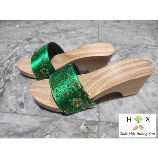 Guốc Gỗ Guốc Mộc Cao 7 Phân Đế Trụ Quai Gấm Lụa ( đế cao su 2 lớp )