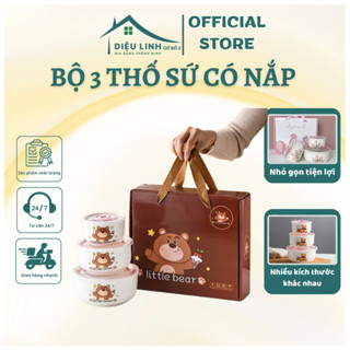 Tô sứ, Chén Sứ Bộ 3 Thố Sứ Có Nắp Hút Chân Không Silicon, Bảo Vệ Sinh Cho Thực Phẩm - Diệu Linh Shop