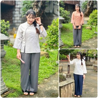 Pháp phục lễ chùa, đồ lam đi chùa nữ trẻ đẹp Thiên Di chất liệu Linen cao cấp thêu hoa sen D13