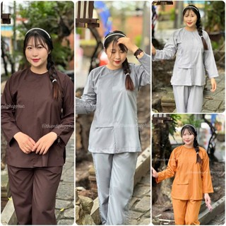 Đồ lam đi chùa nữ vạt hò nút bấm chất kate truyền thống Thiên Di - Pháp phục dành cho phật tử D23