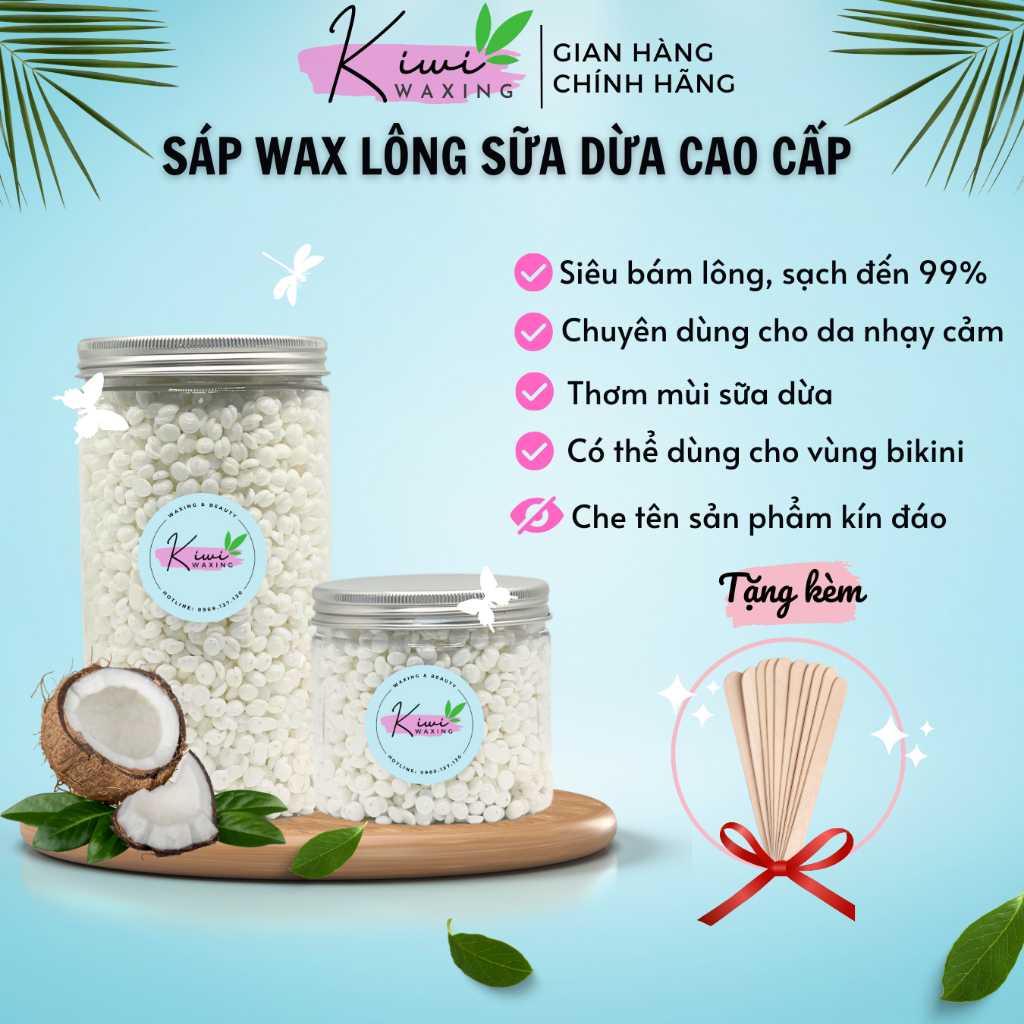 Sáp Wax Lông hương Sữa Dừa cao cấp KIWI Waxing chuyên wax triệt lông nách, bikini tặng kèm que gạt